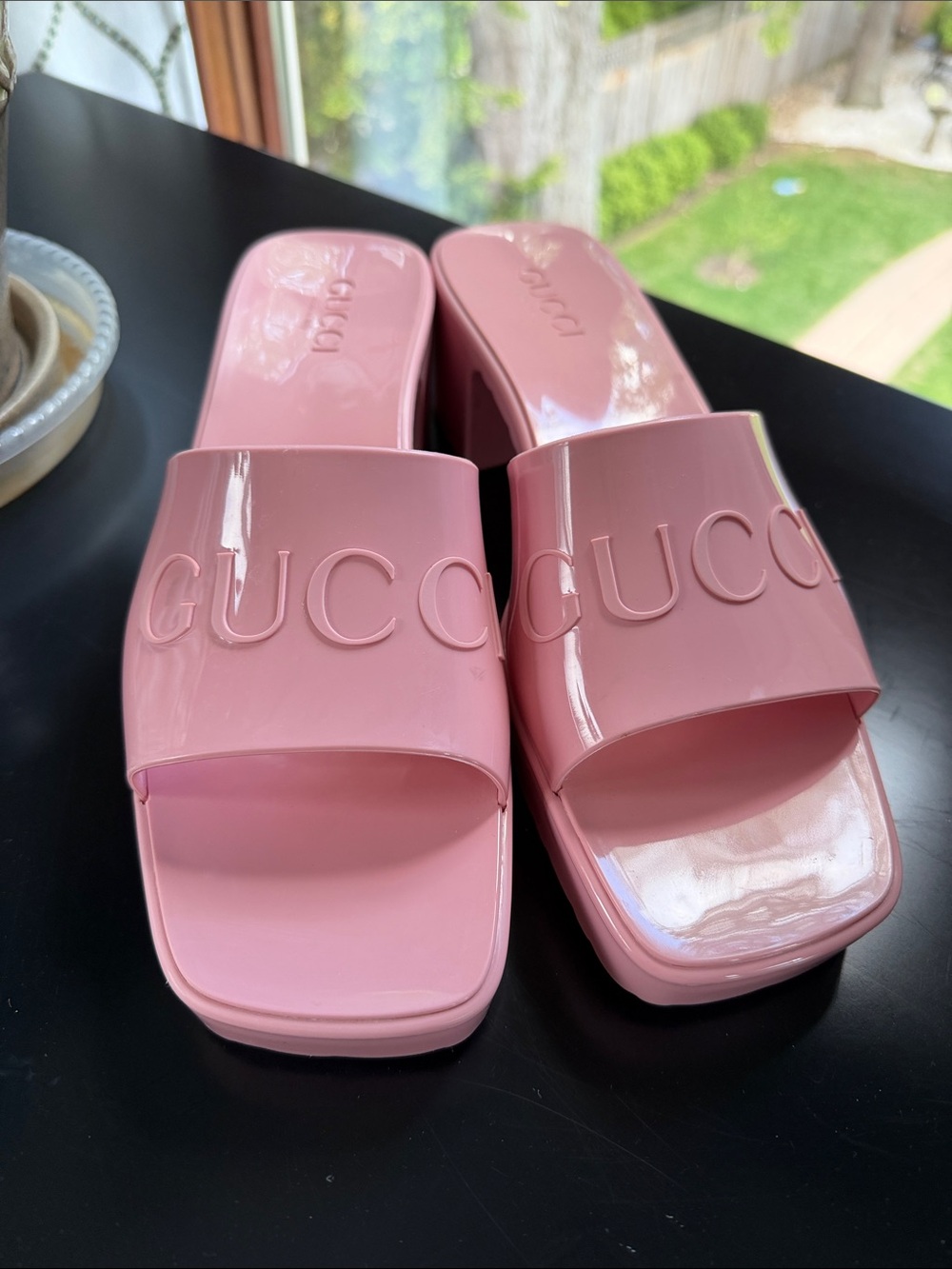 Gucci Pink Patent Logo Slide Mules